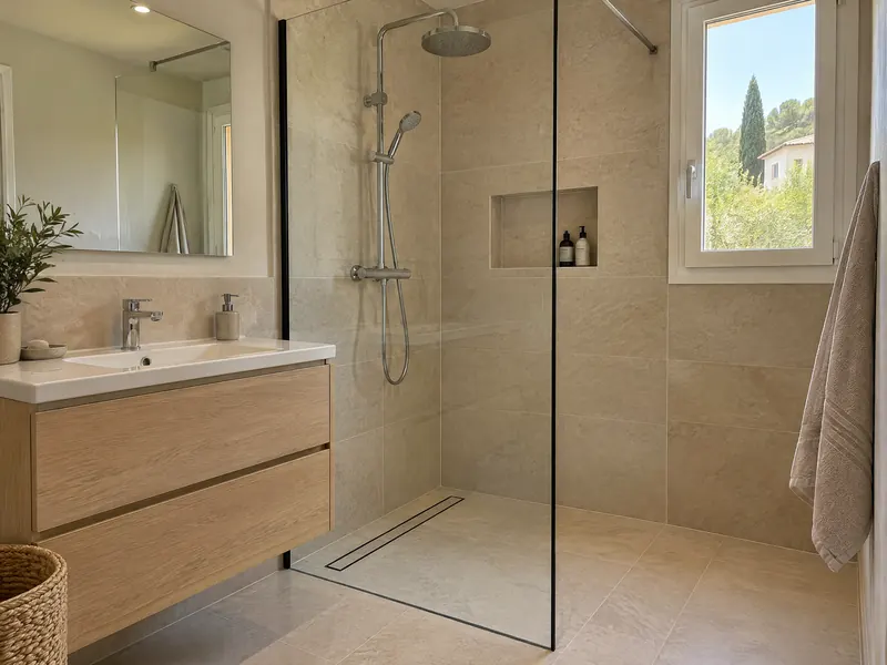 Douche à l'italienne de plain-pied avec caniveau et paroi vitrée