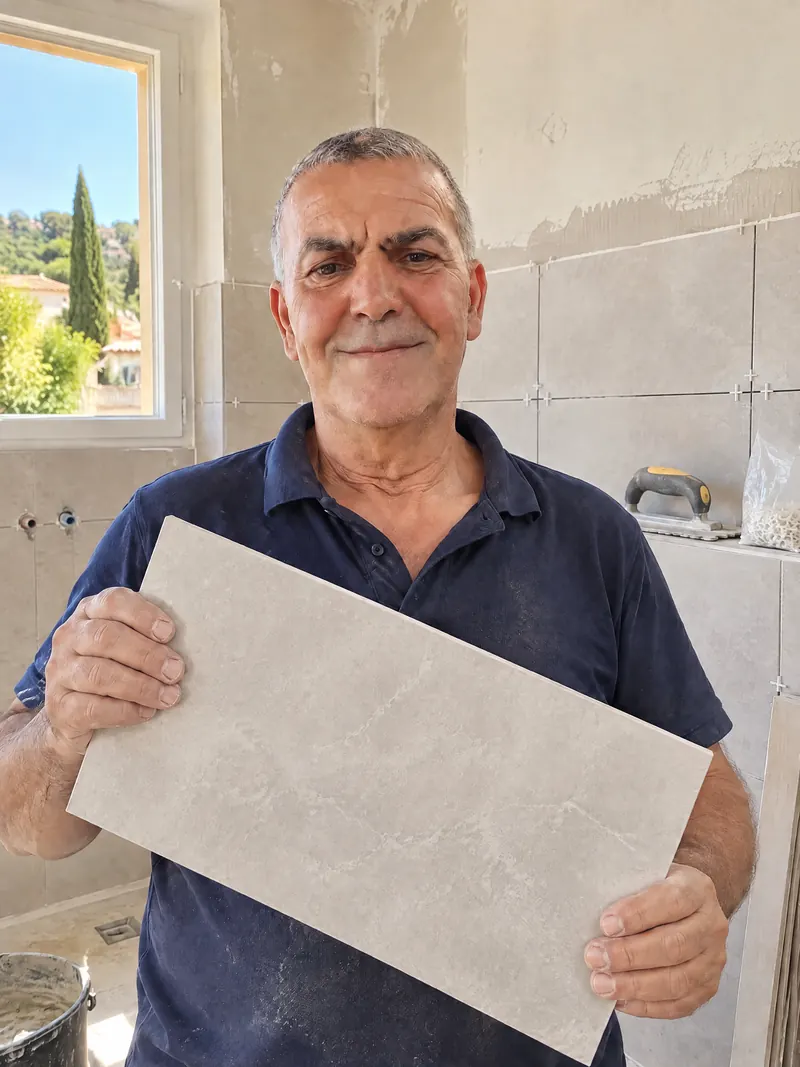 Raphaël Rekiouk sur un chantier de salle de bain, un carreau de faïence à la main devant un mur en cours de carrelage