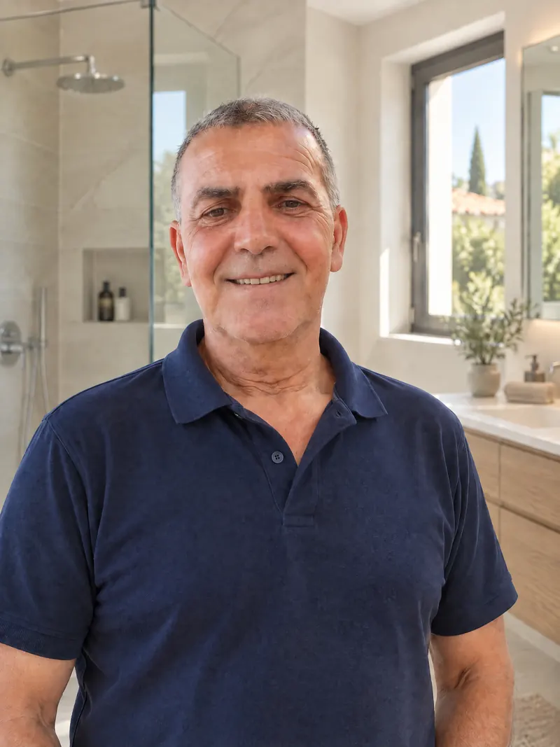 Portrait de Raphaël Rekiouk, artisan rénovateur, souriant, en polo bleu marine