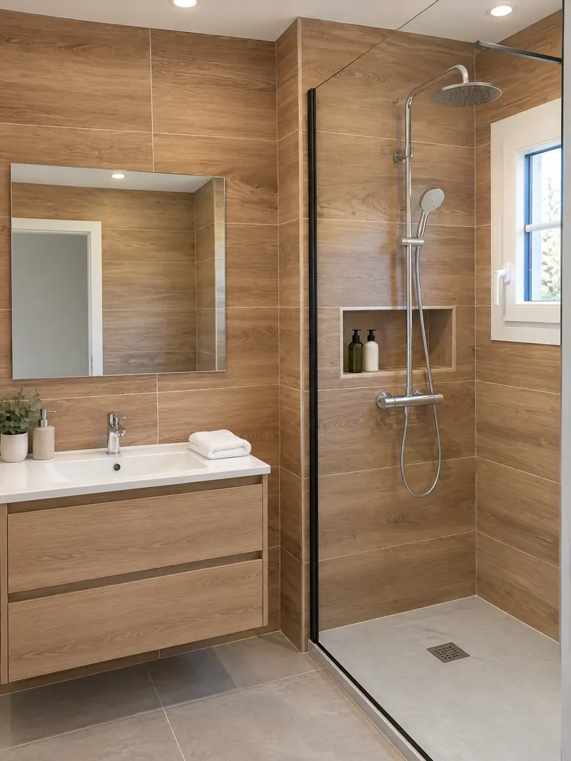 Salle de bain terminée : carrelage effet bois, douche avec paroi vitrée et niche encastrée