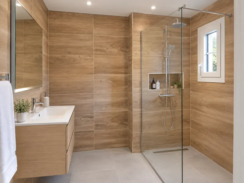 Salle de bain rénovée : douche à l'italienne avec paroi vitrée, faïence effet bois et meuble vasque suspendu